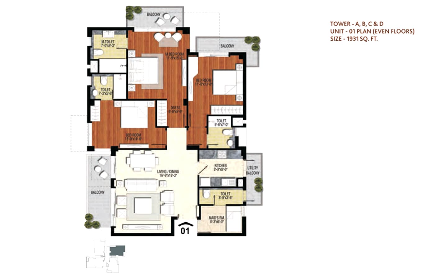 3BHK + 3T + SQ