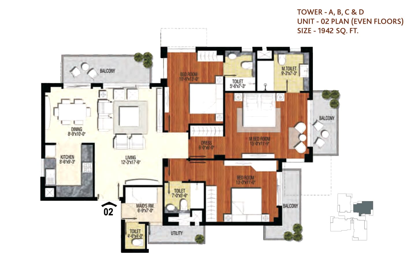3BHK + 3T + SQ