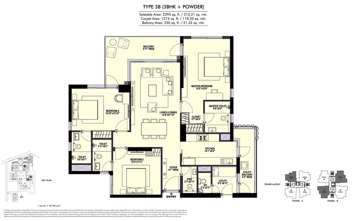 3BHK + 3T + Utility