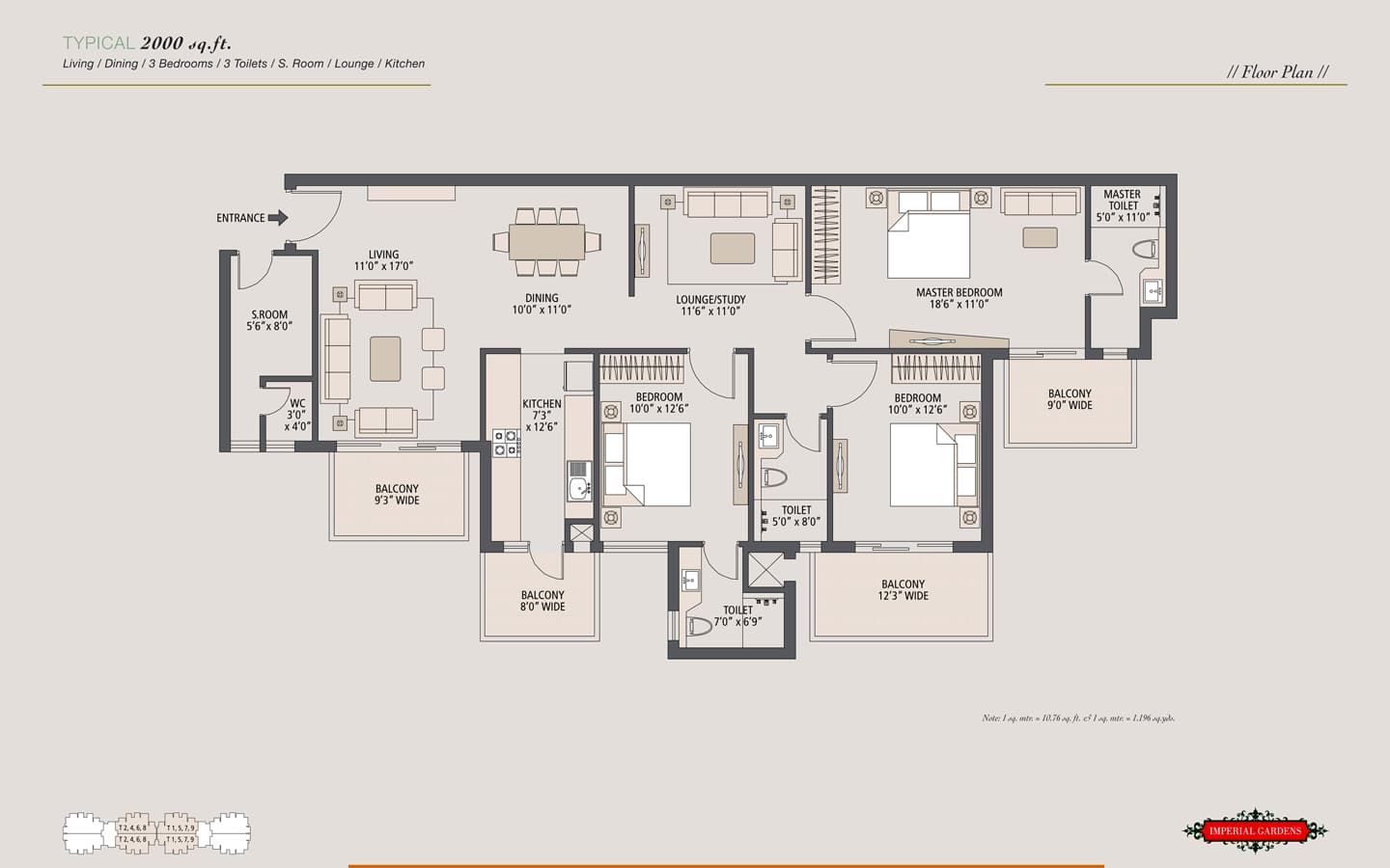 3BHK + 3T + SQ
