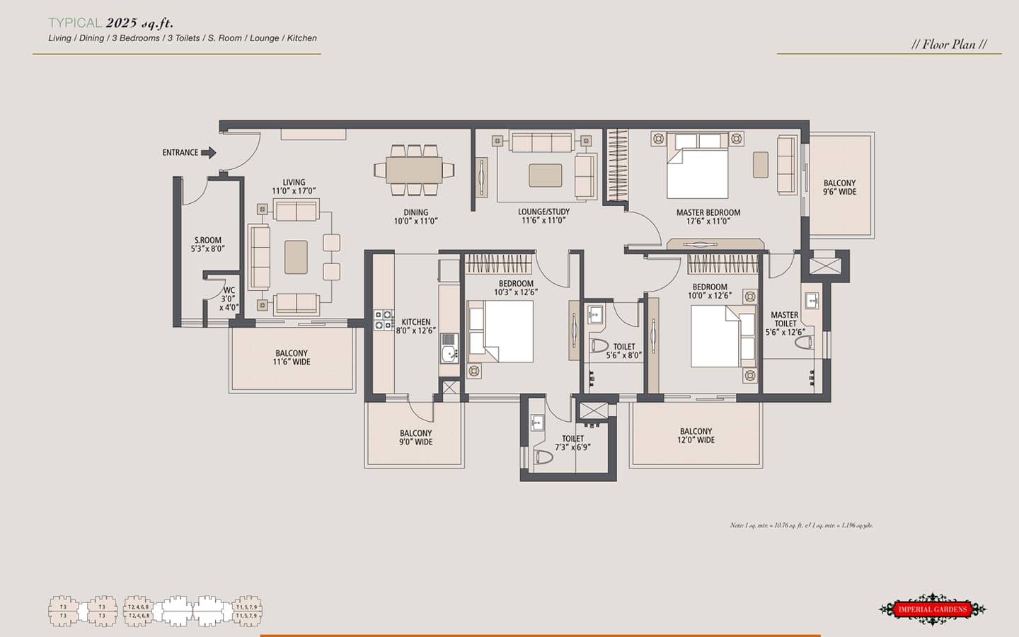 3BHK + 3T + SQ