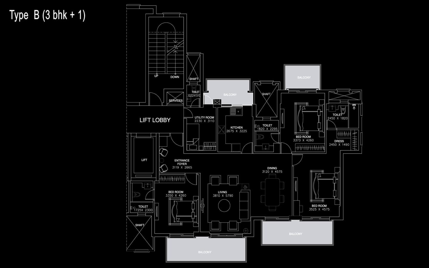 3BHK + 3T + Utility